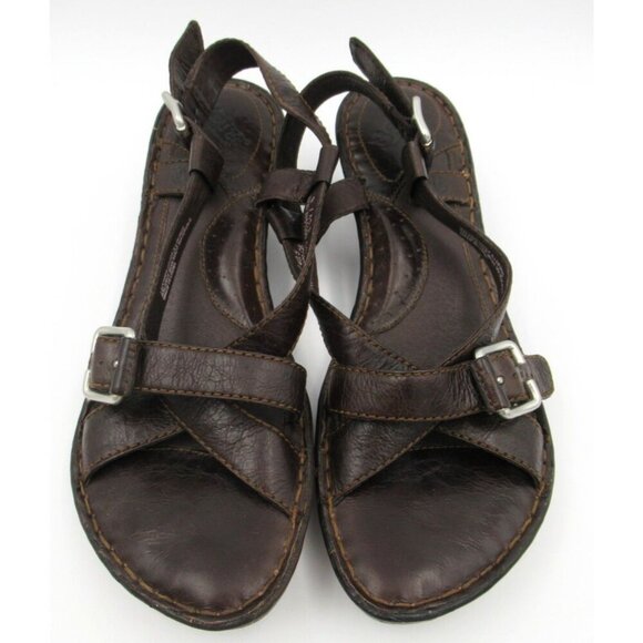 BORN (Børn/BOC) Brown Leather Strappy Buckle Wedge Heeled Sandals Woman Size 9 - Picture 1 of 8